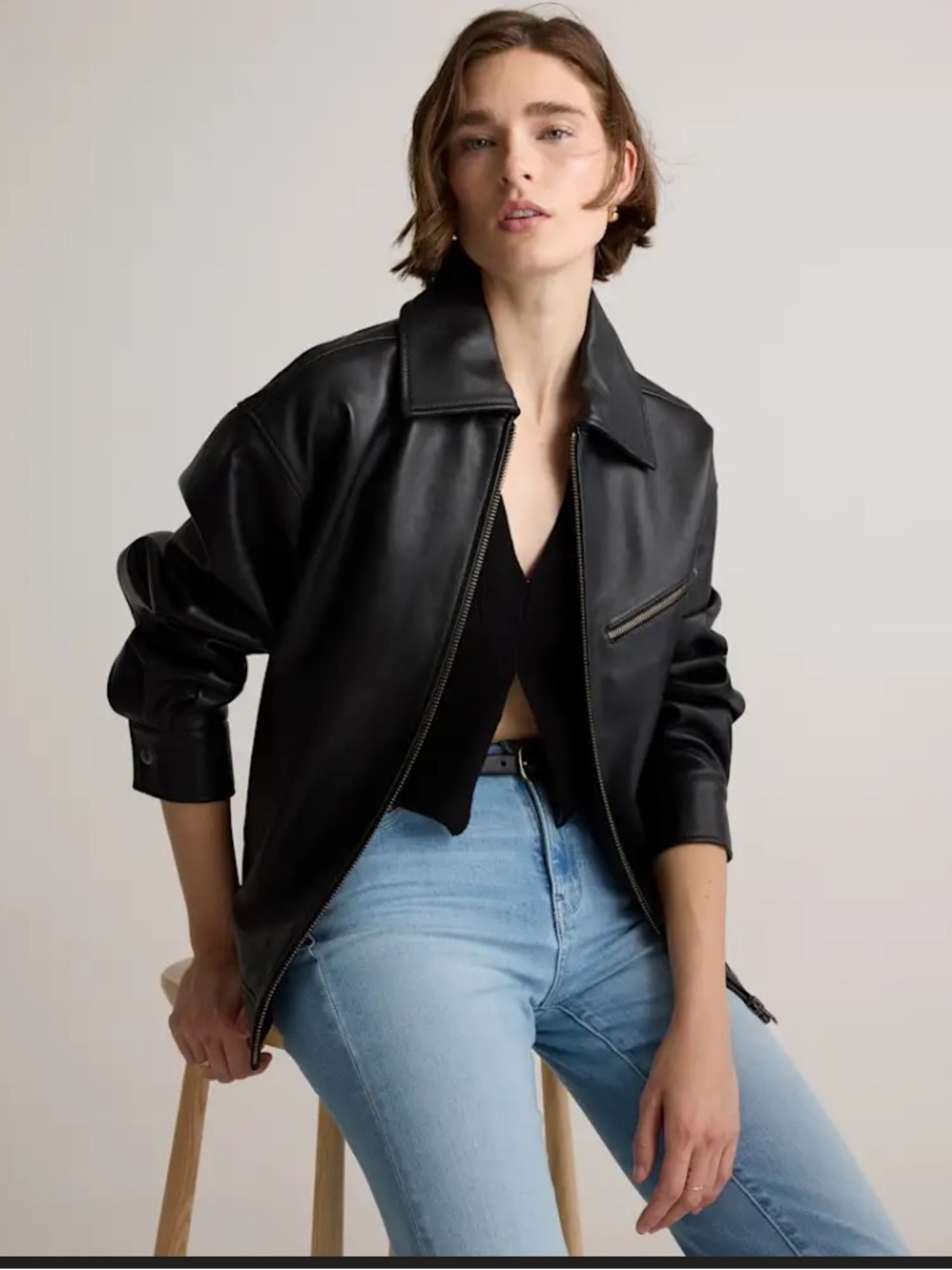 Quince 100% leather, oversized, bomber jacket true black XL NWT